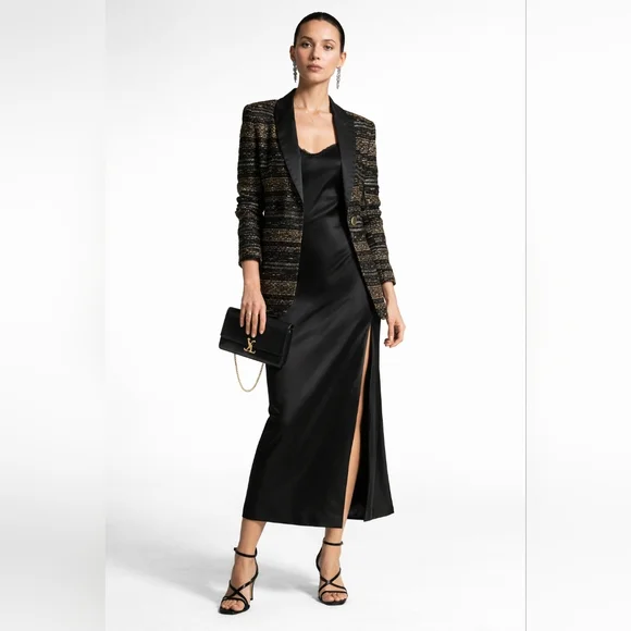 ST JOHN Metallic Knit Jacket Satin Lapels Black Gold Silver 4 S - Picture 2 of 14